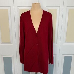 Eileen Fisher Red 100% Merino Wool Pleated Back Cardigan Sweater Womens Medium